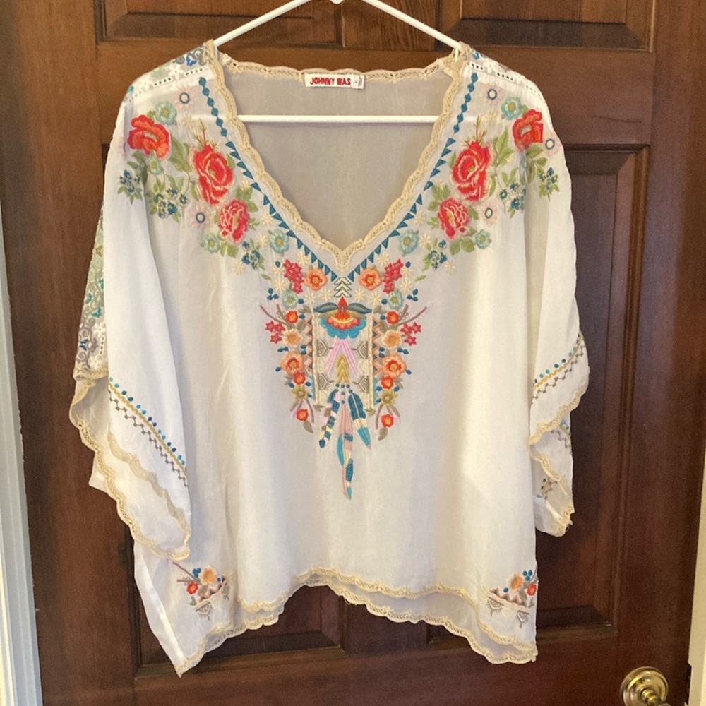 Johnny Was White Embroidered Floral Boho Blouse
